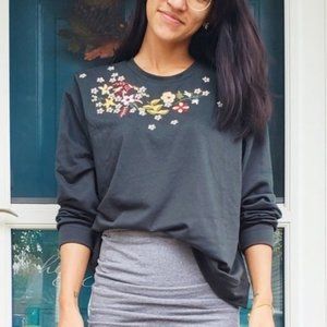 Olive Green Fall Sweater Pullover Embroidered Floral Autumn Winter Oversized